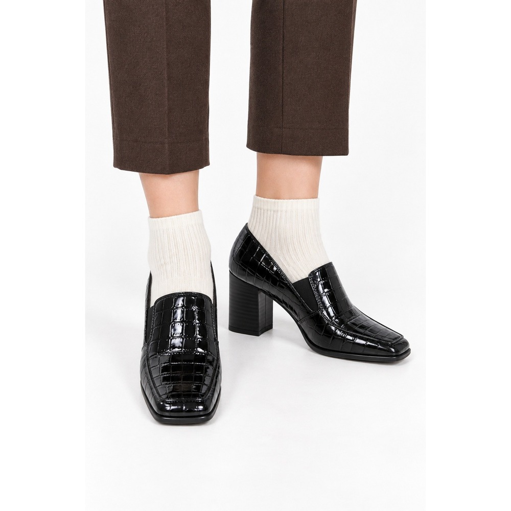Black Croc Embossed Loafer Pumps Square Toe Block Heel Preppy Academia Retro